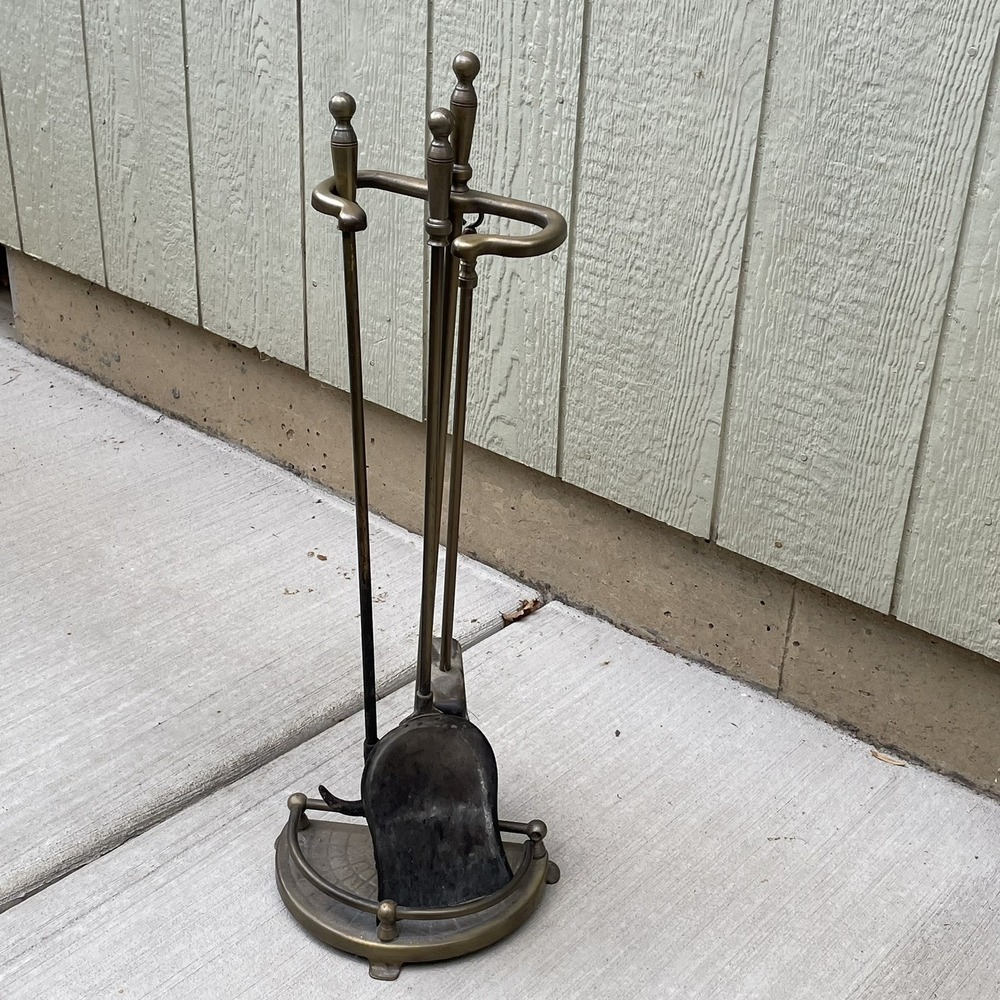 Fireplace Tool‎ Set Brass + Base-,Shovel,Poker,Broom 4 pieces holidays winter